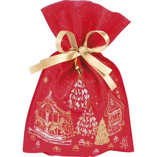 Sac polypropylène intissé rouge/blanc/or chalets ruban satin or/étiquette