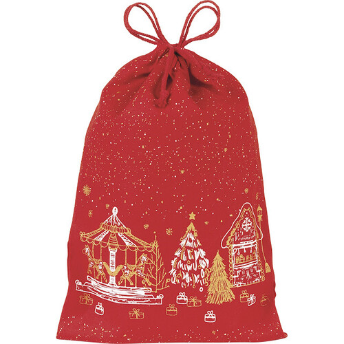 Saco algodão FELIZ NATAL vermelho chalés alça de cordão