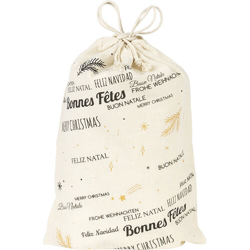 Bolsa algodón natural FELIZ NAVIDAD gris/dorado cinta cordón