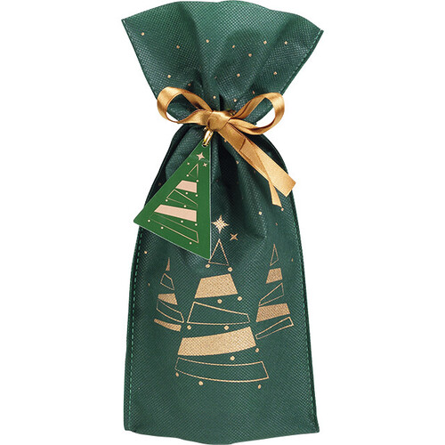 Sac polypropylène intissé vert/cuivre sapins ruban satin cuivre étiquette