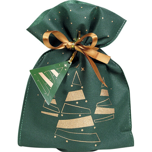 Sac polypropylène intissé vert/cuivre sapins ruban satin cuivre étiquette