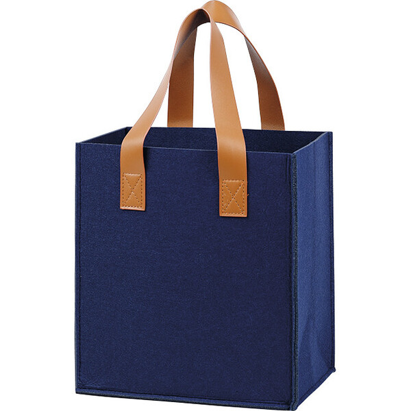 Bag felt rectangular 6 bottles INDIGO  blue 2 handles faux leather brown removable dividers