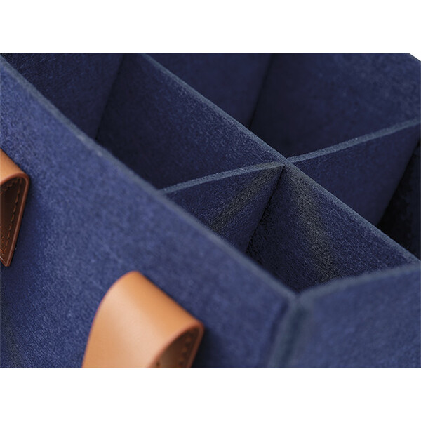 Bag felt rectangular 6 bottles INDIGO  blue 2 handles faux leather brown removable dividers