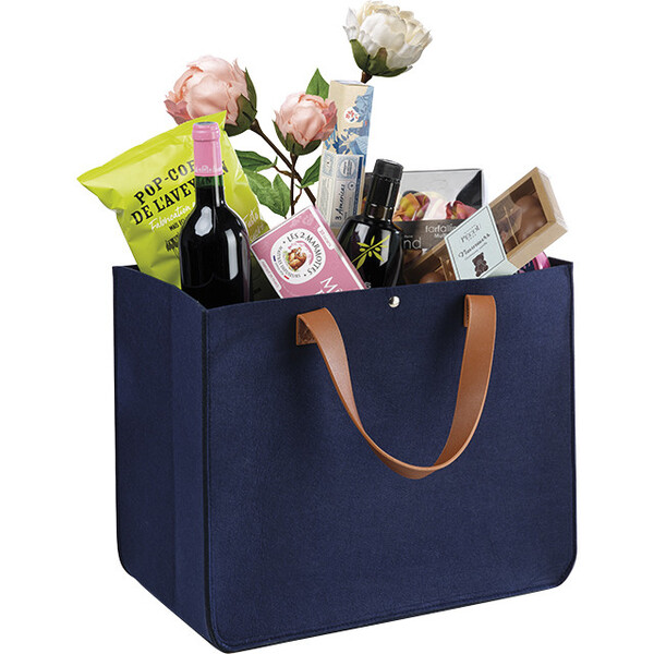 Bolsa fieltro rectangular azul INDIGO 2 asas marrón cierre botón presión