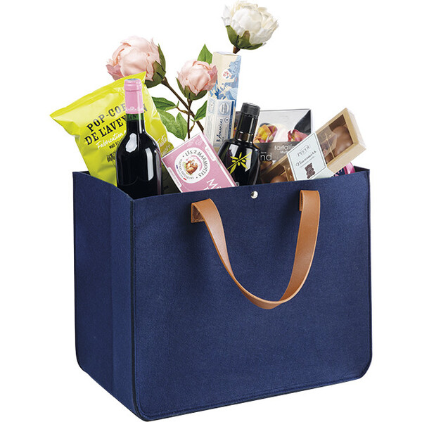 Bolsa fieltro rectangular azul INDIGO 2 asas marrón cierre botón presión