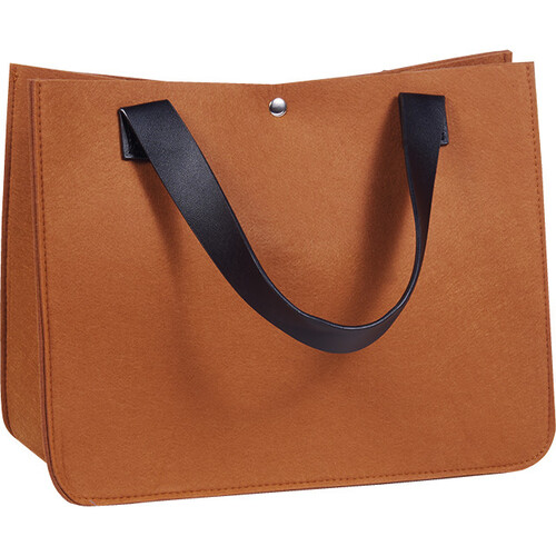 Bag felt rectangular brown 2 handles faux leather black popper closure