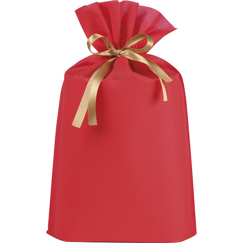 Bag non-woven polypropylene red satin ribbon gold/ tag