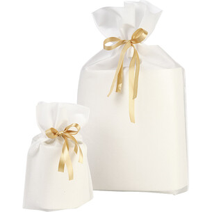 Sac polypropylène intissé blanc ruban satin or/étiquette 2