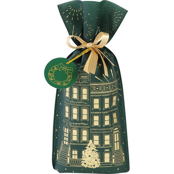 Bag polypropylene non-wooven green/gold FESTIVE CITY  gold satin ribbon tag
