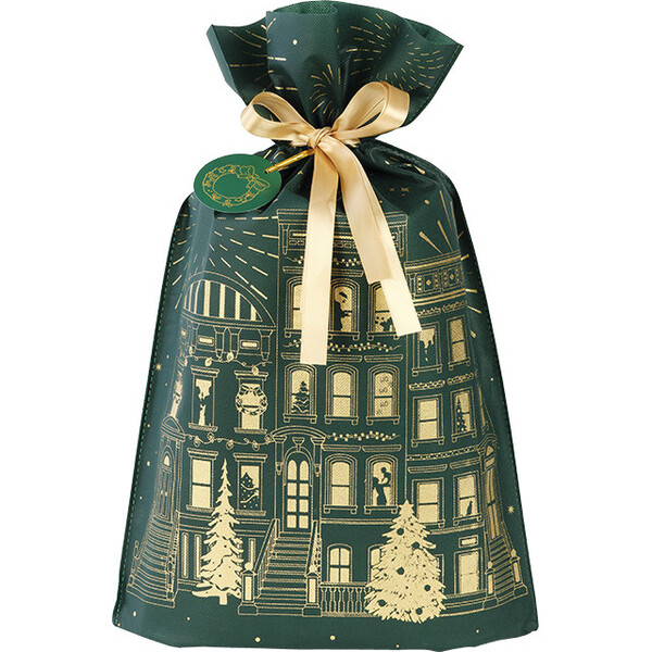 Bolsa polipropileno no tejido verde/oro CIUDAD FESTIVA cinta satén oro etiqueta