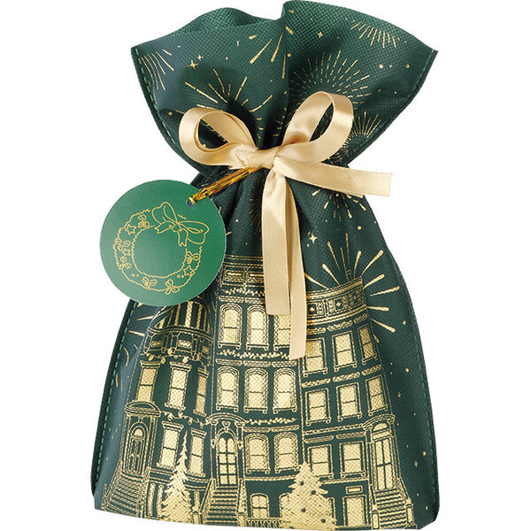 Saco polipropileno não tecido verde/ouro CIDADE FESTIVA fita de cetim ouro etiqueta