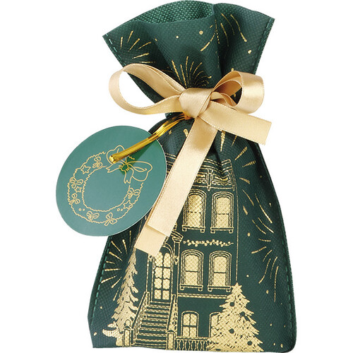 Bag polypropylene non-wooven green/gold FESTIVE CITY  gold satin ribbon tag