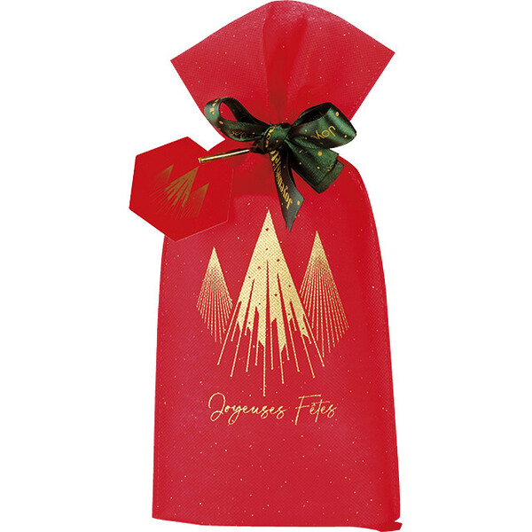 Sac polypropylène intissé rouge/or NOEL PRESTIGE ruban satin vert imprimé étiquette