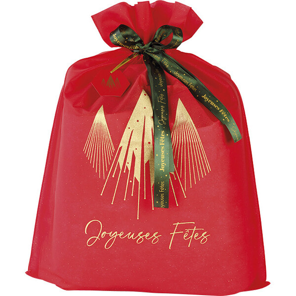 Sac polypropylène intissé rouge/or NOEL PRESTIGE ruban satin vert imprimé étiquette