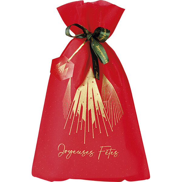 Bag polypropylene non-wooven red/gold CHRISTMAS PRESTIGE  green satin ribbon tag