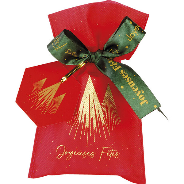 Saco polipropileno não tecido vermelho/ouro PRESTÍGIO DE NATAL fita de cetim verde etiqueta