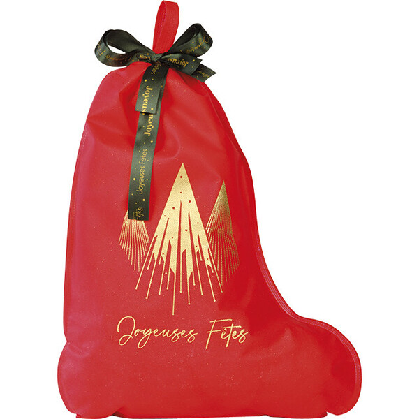 Sac polypropylène intissé forme chaussette rouge/or NOEL PRESTIGE ruban satin vert imprimé étiquette