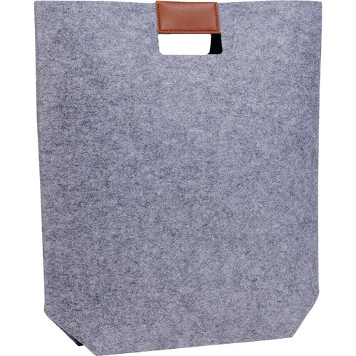 Bag felt rectangular grey 2 handles brown faux leather snap button