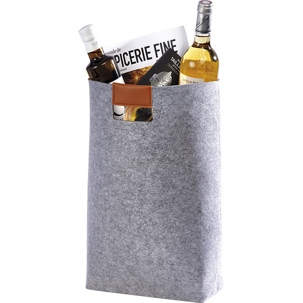 Sac feutre rectangle gris 2 poignées simili cuir marron fermeture pression