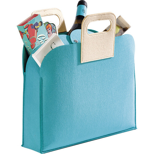 Bag felt rectangular blue 2 handles beige snap...