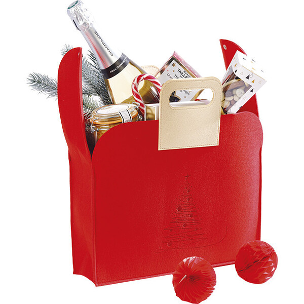 Bolsa fieltro rectangular rojo/abeto 2 asas beige cierre botón presión