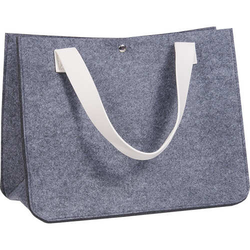 Bag felt rectangular grey 2 handles white faux leather snap button