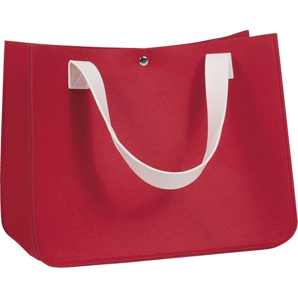 Bolsa fieltro rectangular rojo 2 asas símil piel blanco cierre botón presión