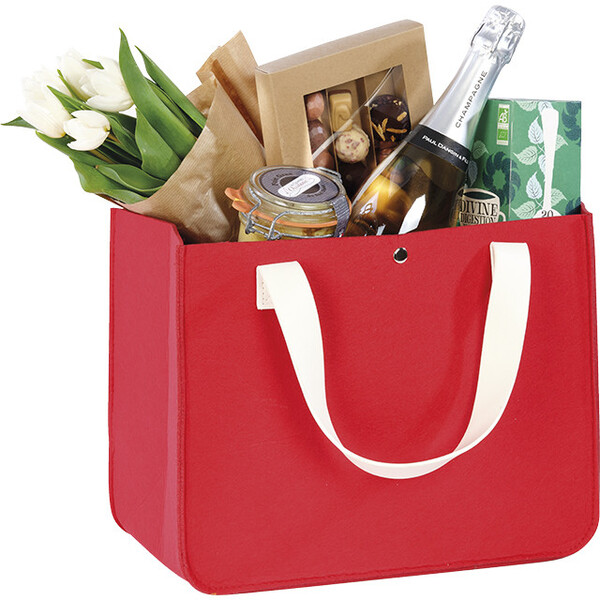 Saco feltro retangular vermelho 2 pegas imitação pele branco fecho pressão