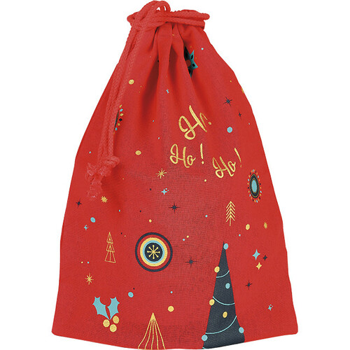 Pochon coton MOSAIQUE FESTIVE rouge/bleu/or fermeture cordelettes rouge