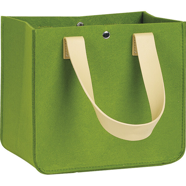 Bag felt rectangular green 2 handles faux leather beige popper button