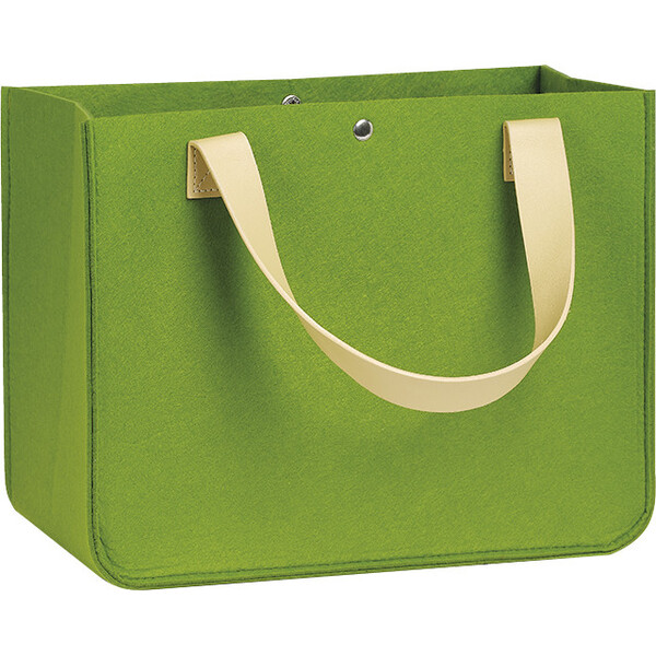 Sac feutre rectangle vert 2 anses simili cuir beige fermeture pression