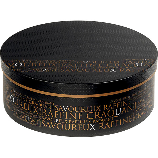 Caja de cartón redonda SAVOUREUX negro/cobre impresión UV