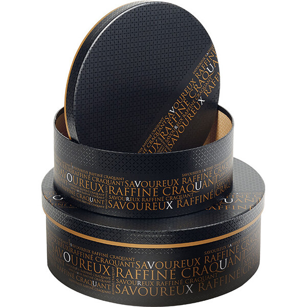 Caja de cartón redonda SAVOUREUX negro/cobre impresión UV