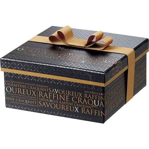 Coffret carton carré SAVOUREUX noir/cuivre/vernis sélectif ruban noeud à plat cuivre
