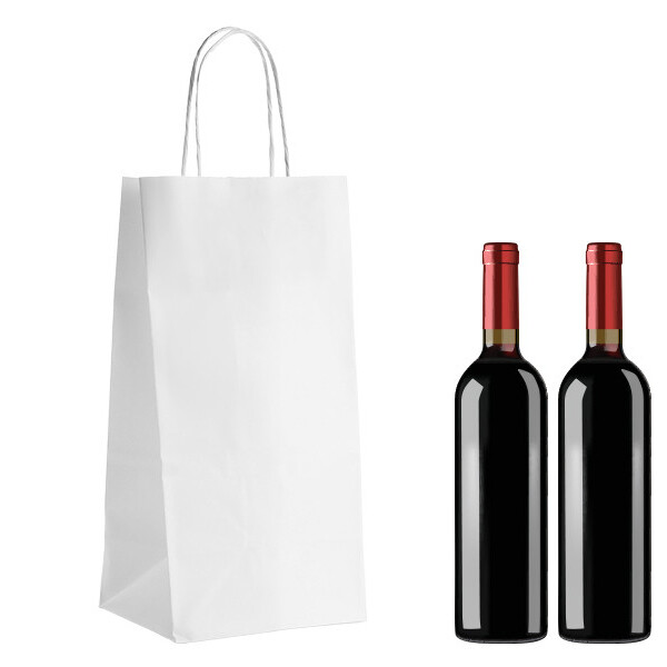 Bolsa de Papel kraft blanco 2 botellas 1000g fuelles laterales asas retorcidas - paquete de 100 piezas