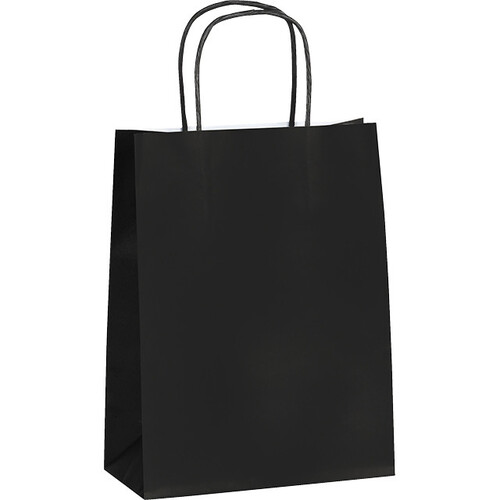 Sac papier kraft lisse noir 90g soufflets latéraux poignées torsadées colorées - Lot de 100 pièces