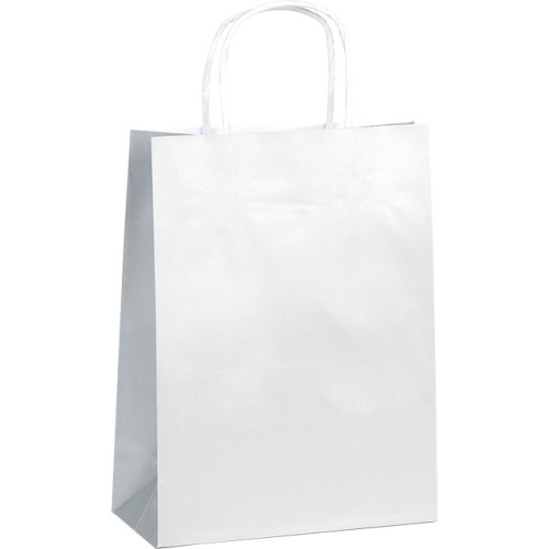 Sac papier kraft lisse argent 90g soufflets latéraux poignées torsadées blanches - Lot de 100 pièces