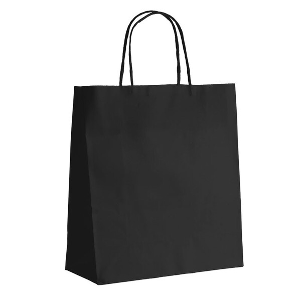 Sac papier kraft lisse noir 100g soufflets latéraux poignées torsadées colorées - Lot de 100 pièces