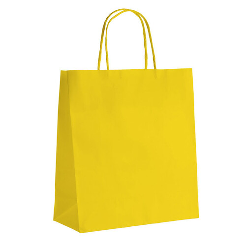 Sac papier kraft lisse jaune 110g soufflets latéraux poignées torsadées colorées - Lot de 100 pièces
