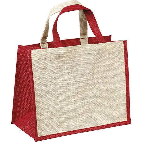 Sac toile de jute rouge/crème anses jute