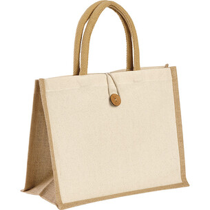 Bag cotton/burlap ecru/natural button closure brown/cord...