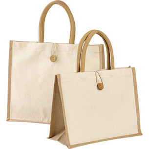 Bag cotton/burlap ecru/natural button closure brown/cord... 2