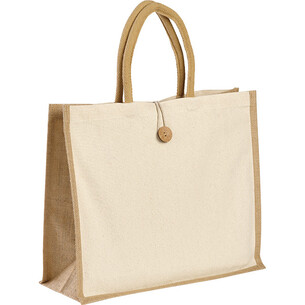 Bag cotton/burlap ecru/natural button closure brown/cord...