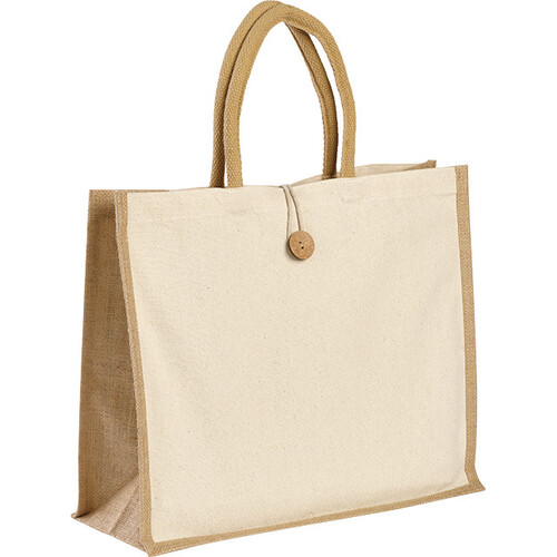 Bag cotton/burlap ecru/natural button closure brown/cord handles