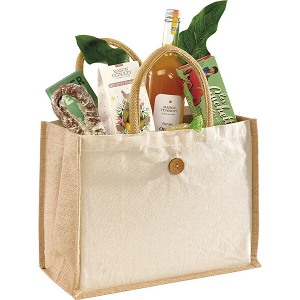 Bolsa algodón/yute crudo/natural ciere botón marrón/asas cuerda