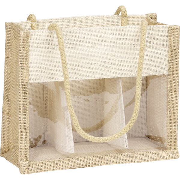 Bolsa yute natural/crema ventana PVC asas cuerda
