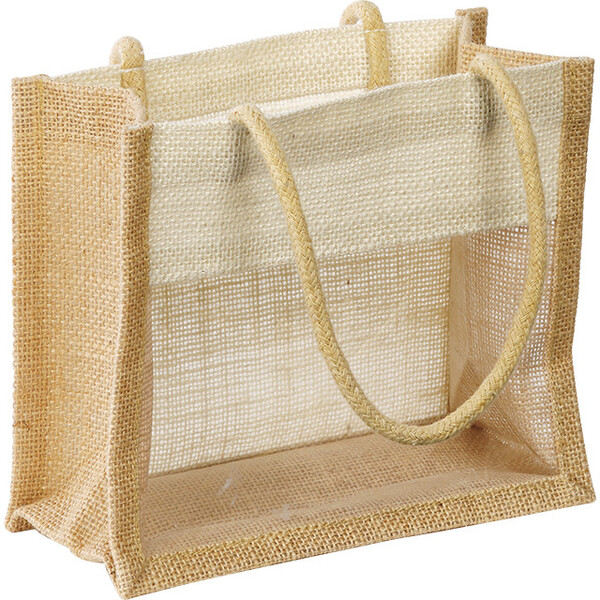 Bolsa yute natural/crema ventana PVC asas cuerda