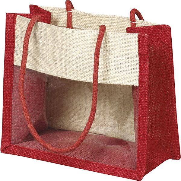 Sac toile de jute rouge/crème fenêtre PVC anses corde