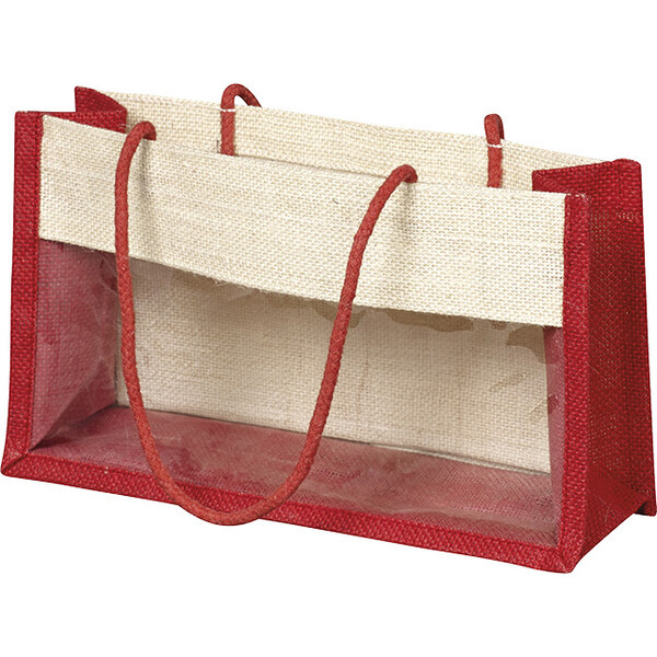 Bolsa yute rojo/crema ventana PVC asas cuerda