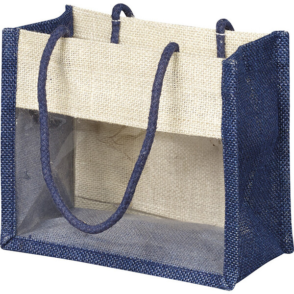 Sac toile de jute bleu/crème fenêtre PVC anses corde